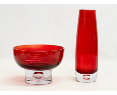 2 pieces of Late 20th Century, 1970’s Polish ruby glass by Krosno. A bowl and vase. 24cm. 17x11.5cm. 