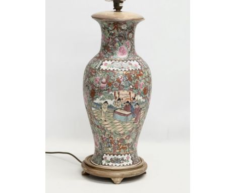 A large Chinese Rose Medallion pottery table lamp. 60cm 