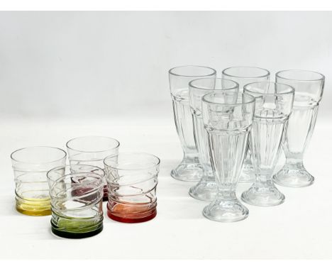 2 sets of Mid 20th Century drinking and dessert glasses. A set of 6 ice cream sundae glasses 18.5cm. A set of 4 multicoloured
