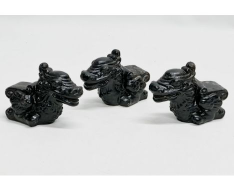 A set of 3 rare Late 19th Century black glazed terracotta sash window stops. 12x9cm 