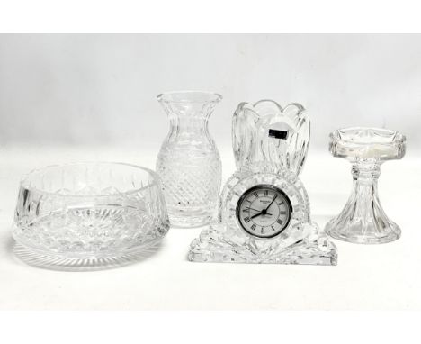 Waterford Crystal. A Waterfors Crystal ‘Glandore’ vase 18cm. Fruit bowl 19x9cm. Waterford mantle clock 18x12.5cm. Waterford M