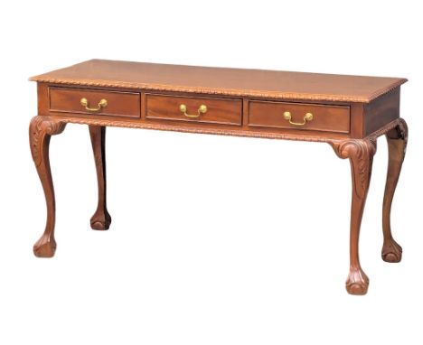 A large mahogany Chippendale style console table with 3 drawers and 3 dummy drawers. 140x58x75cm(9) 