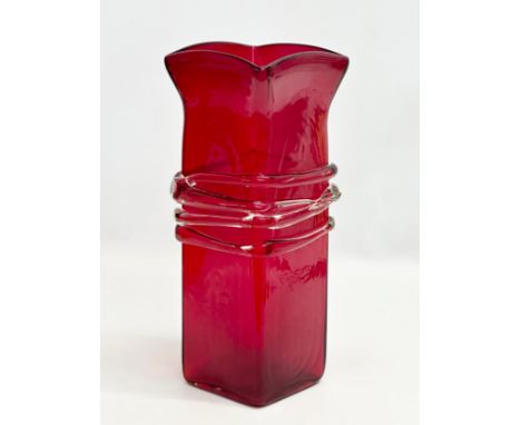 A large Late 20th Century ruby glass vase, bound in a clear glass thread. 13x13x32cm 