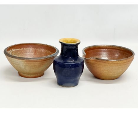 3 pieces of vintage stoneware pottery. Bowls 16x17x8cm. Vase 14cm 