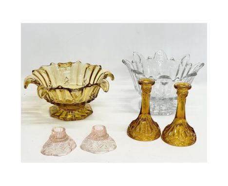 A collection of vintage glassware. 2 Art Deco Sowerby glass bowls 26x12cm. 2 Art Deco style candlesticks. 