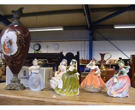 Three Royal Doulton lady figures, Coalport figure, a Lladro figure and a hand painted vase