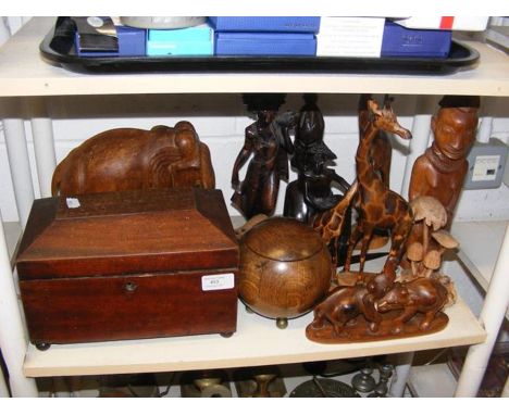 A carved wooden elephant, tea caddy etc.