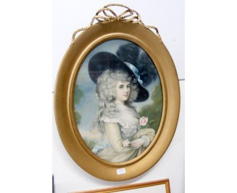 An oval print of lady holding flowers - 70cm x 54cm 