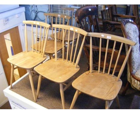 Five Ercol stick back dining chairs (one has original Ercol stamp underneath)