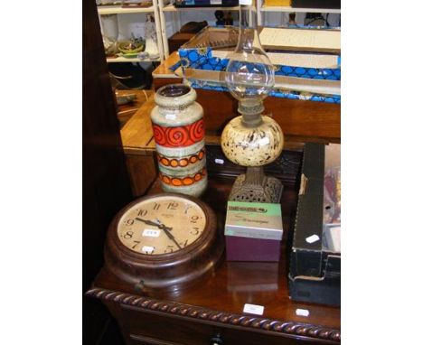 A Smith eight day wall clock in Bakelite case, a West German vase, oil lamp and vintage View-Master stereoscope 