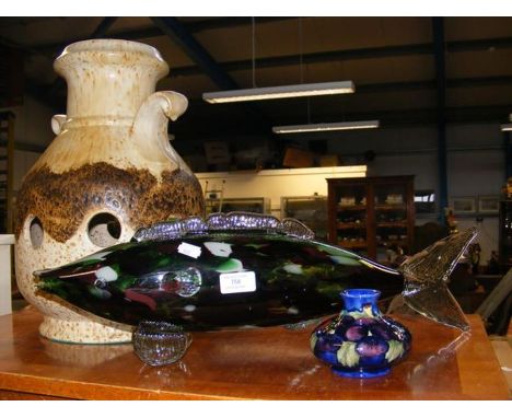 A glass Murano style fish, Moorcroft vase and West German style floor light