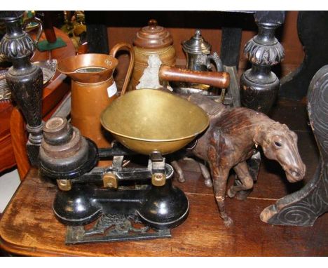 A sundry lot of collectables, including vintage scales, stone oriental figure and leather horse 