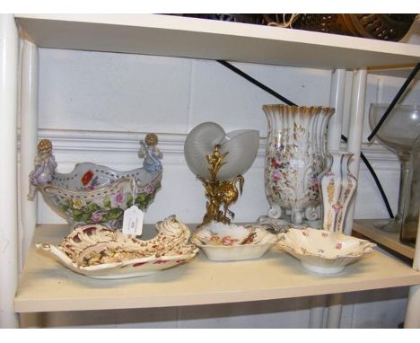 A glass Nautilus shell ornament, pierced ceramic basket etc.