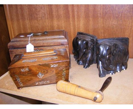 A Victorian tea caddy with mother of pearl inlay, together with Victorian bird scarer, bookends etc.