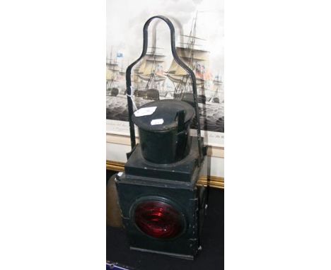 A vintage green painted railway lamp - 50cm high 