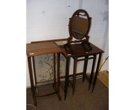 A dressing table mirror, together with occasional tables and a fire screen 