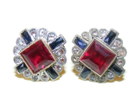 A pair of 18ct gold (tested) Art Deco style earrings with square centre ruby stone CONDITION REPORT Approx. 15mm x 15mmWe hav