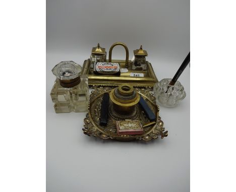 BRASS AND GLASS INKWELLS WRITING EQUIPMENT PLUS WAX AND VINTAGE INK BOTTLE