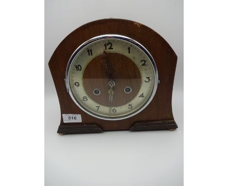 WOODEN MECHANICAL MANTLE CLOCK NO KEY OR PENDULUM 24CM WIDE A/F