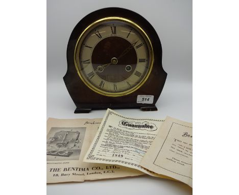 BENTIMA MECHANICAL MANTLE CLOCK WITH ORIGINAL INSTRUCTIONS AND WARRANTY NO PENDULUM OR KEY 22CM TALL