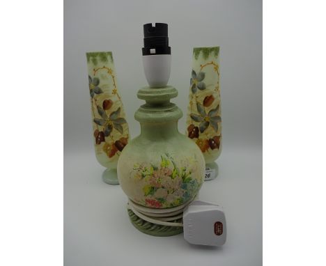 WOODEN HAND PAINTED LAMP BASE PLUS PAIR OF MILK GLASS VASES