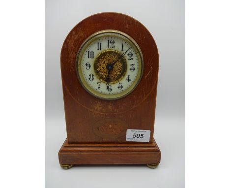 WOODEN MANTLE CLOCK WITH KEY AND ENAMEL FACE 23CM TALL