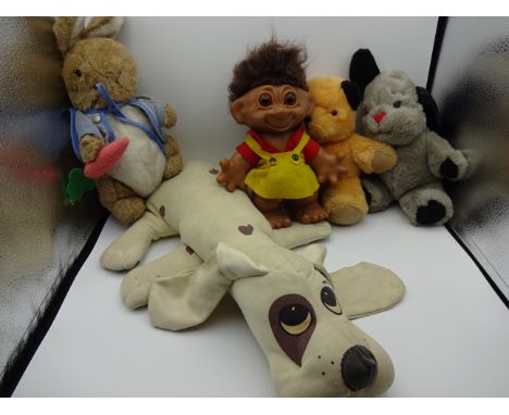 RETRO SOFT TOYS SOOTY SWEEP POUND PUPPY, PETER RABBIT AND ORIGINAL 1960's USA TROLL PLUS MARBLES