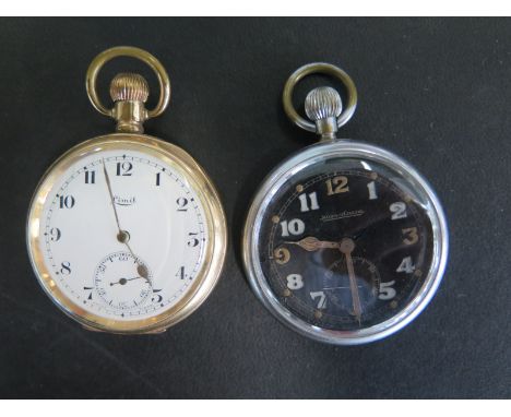 A Jaeger leCoultre top wind pocket watch with black dial - 50mm wide, not working, dial appears to have been restored and a g