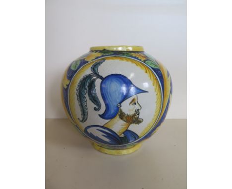 A 19th Century Italian majolica vase of bombola shape decorated with flowers, foliage and a portrait of a man wearing a metal