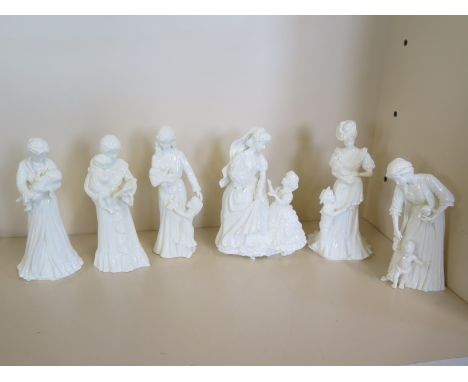 Six Royal Worcester Blanc De Chine figurines of ladies with children, including sweet dreams, first steps, New Arrival - all 