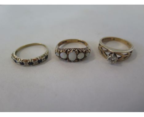 Three 9ct yellow gold rings, sizes M and K, approx 7.5 grams 