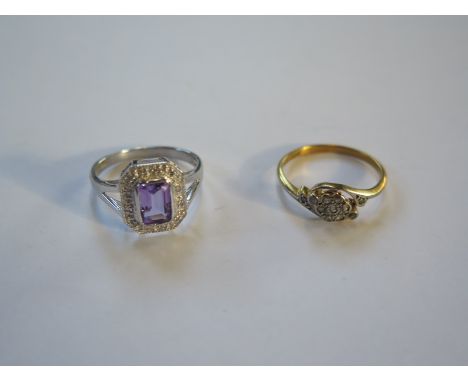 An 18ct gold diamond ring and a 9ct white gold ring with amethyst and white stones, approximately 2.5g 