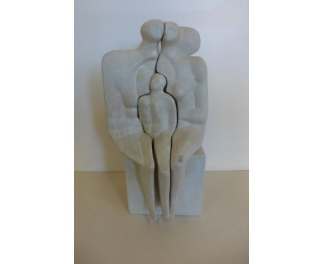 After Henry Moore, three piece interlocking ceramic figurine of parents with child, each piece signed Wright, approximately 3