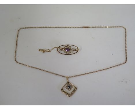 A 15ct gold amethyst and pearl brooch, approx 3.8 grams and a sapphire and pearl pendant in yellow metal setting with a 9ct g