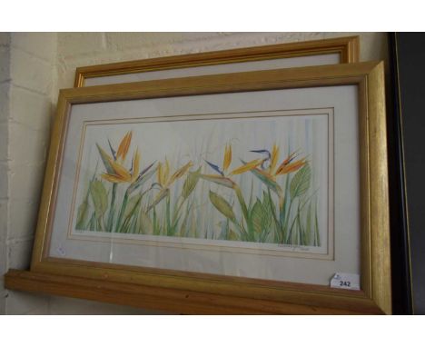 BRIGITTE QUENNEHEN, TWO COLOURED PRINTS, ORCHID SOFA AND BIRDS OF PARADISE, BOTH F/G