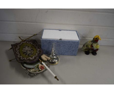 SMALL TAPESTRY SHIELD, GLASS WARES, SMALL CERAMIC DISH ETC