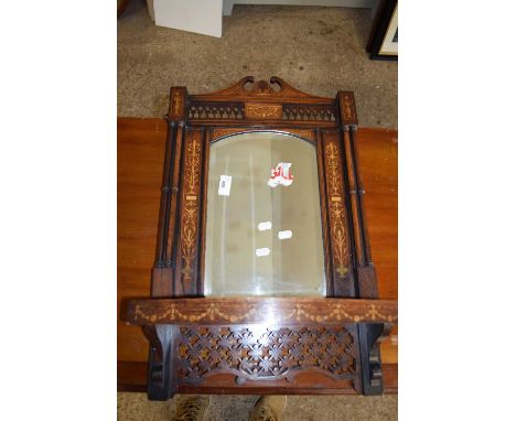 SMALL 19TH CENTURY ROSEWOOD AND INLAID WALL MIRROR IN ELABORATE SHELF WITH PILLARED SIDE SUPPORTS AND PIERCED FRETWORK DECORA
