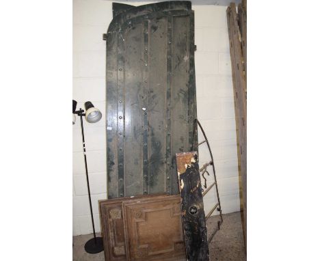 PAIR OF LARGE PAINTED WOODEN DOORS, APPROX 230CM HIGH, TOGETHER WITH FURTHER ARCHED IRON GRATE, TWO OAK PANELS AND A FURTHER 