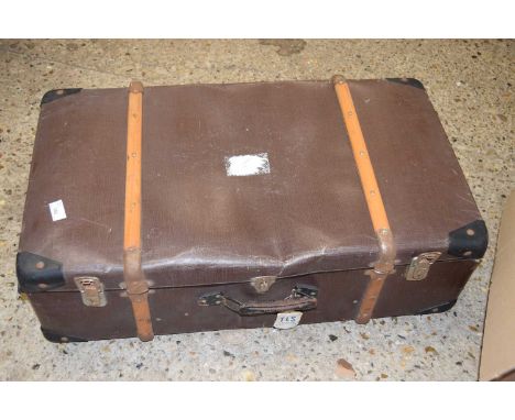 VINTAGE BROWN WOODEN BOUND TRAVEL TRUNK, 79CM WIDE