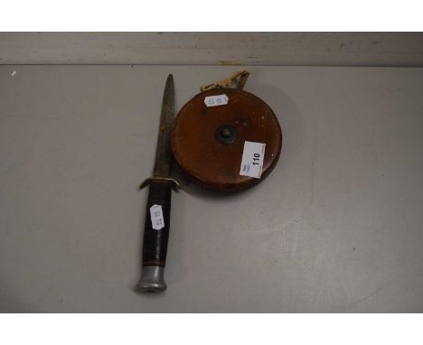 VINTAGE MEASURE IN LEATHER CASE, TOGETHER WITH A SMALL SHEATH KNIFE
