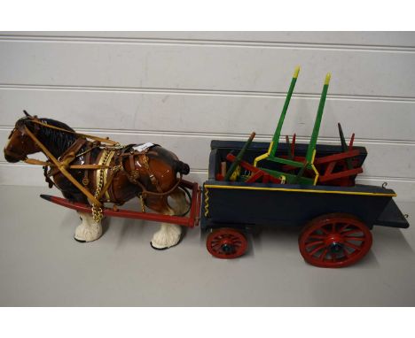 MODEL CART WITH FURTHER HAY RAKE AND A CERAMIC HORSE