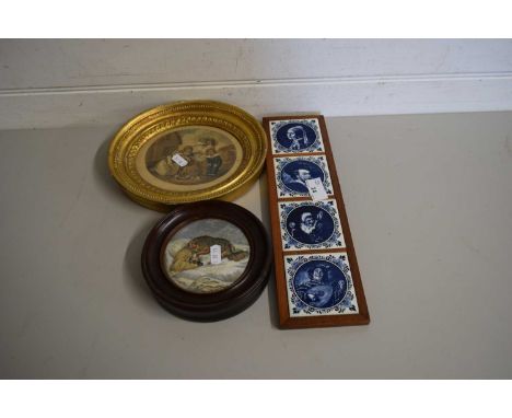 FRAMED POT LID 'THE SNOWDRIFT', TOGETHER WITH FURTHER FRAMED PRINT IN OVAL GILT FRAME AND FURTHER GROUP OF SMALL TILES MOUNTE