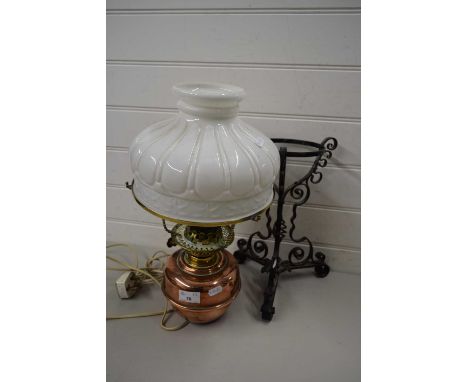 COPPER OIL LAMP WITH WHITE MOULDED SHADE ON METAL MOUNT