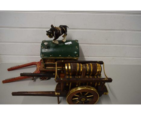 MODEL ROMANY CARAVAN TOGETHER WITH A MODEL BREWERY DRAY AND A SMALL CERAMIC HORSE