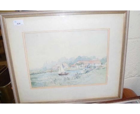 KEITH JOHNSON, RIVERSIDE VILLAGE SCENE, COLOURED PRINT, F/G, 52CM WIDE
