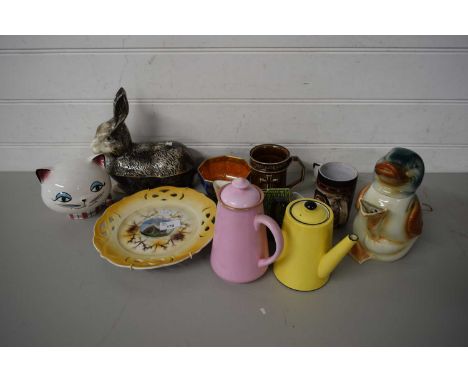 QUANTITY OF CERAMIC WARES, DUCK FIGURAL TEA POT, SMALL CASSEROLE MODELLED AS A HARE ETC
