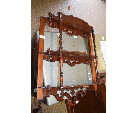 SMALL MAHOGANY THREE TIER WALL SHELF WITH TURNED DECORATION, APPROX 55CM HIGH