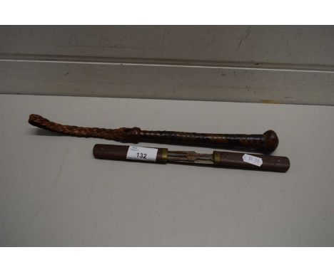 LEATHER CUDGEL AND A TRAVELLING KNIFE AND FORK WITH WOODEN HANDLE