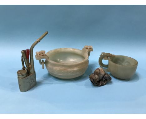 Two Jade bowls, an opium pipe etc. Large bowl 19 cm diameter inc handle X 8 cm Height, small cup 12 cm wide inc. handle X 6 c