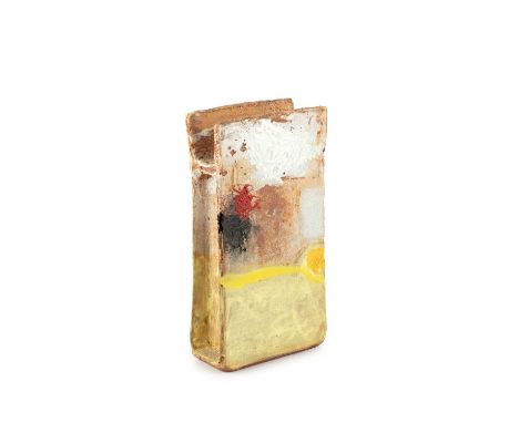 Robin Welch (1936-2019)Slab vesselstoneware, yellow glaze with white and red slipimpressed potter's seal22cm high.Appears in 